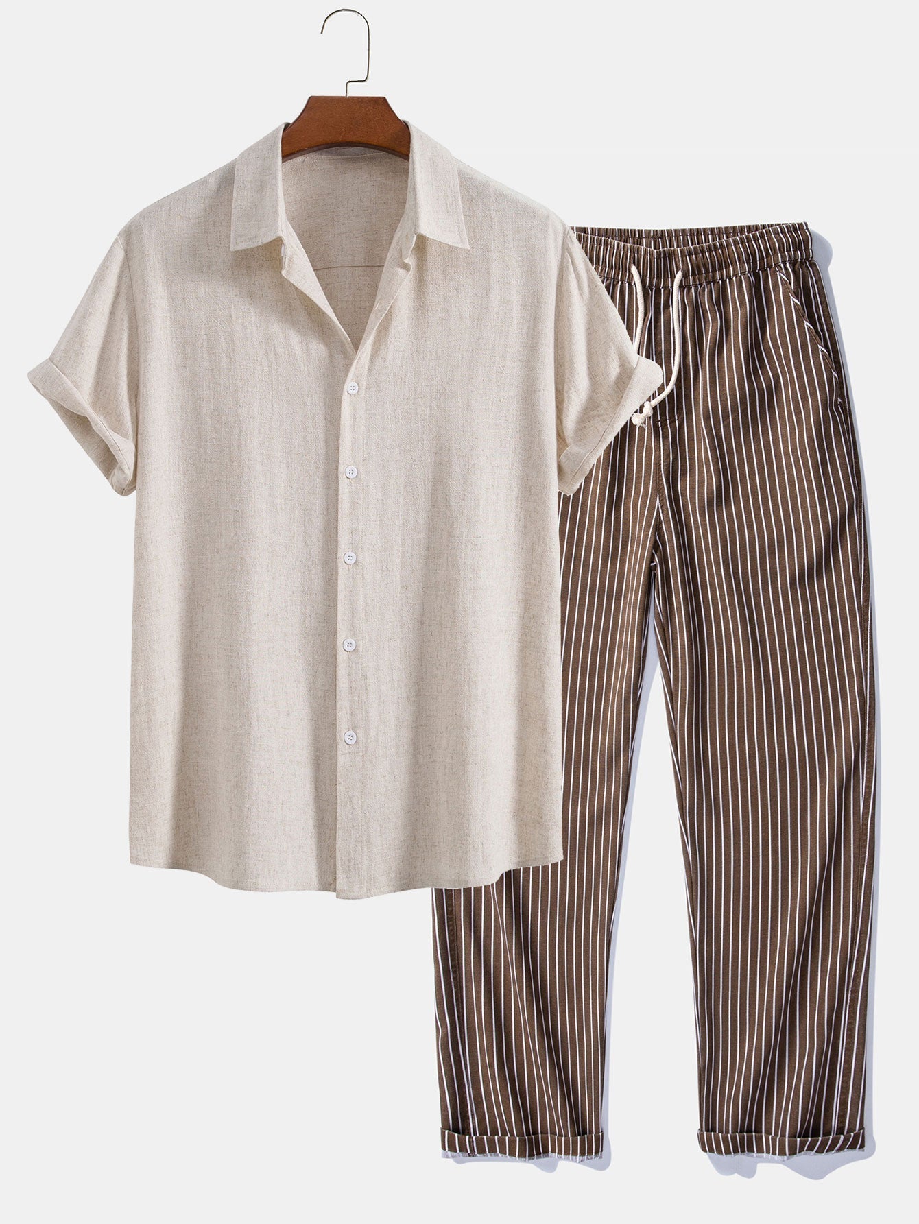 Linen Rayon Blend Button Up Shirt & Stripe Straight Leg Linen Pants