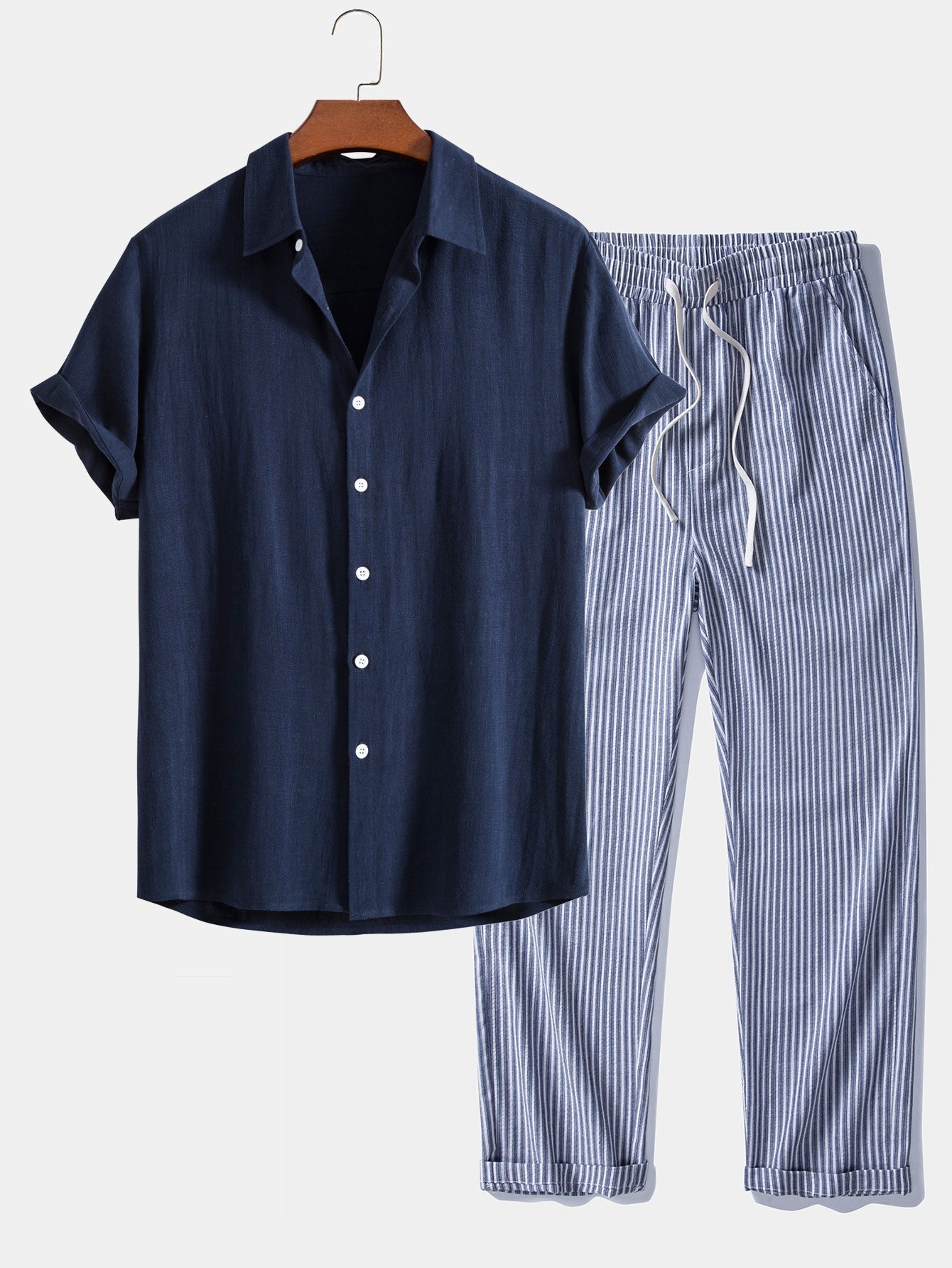 Linen Rayon Blend Button Up Shirt & Linen Look Stripe Straight Leg Pants