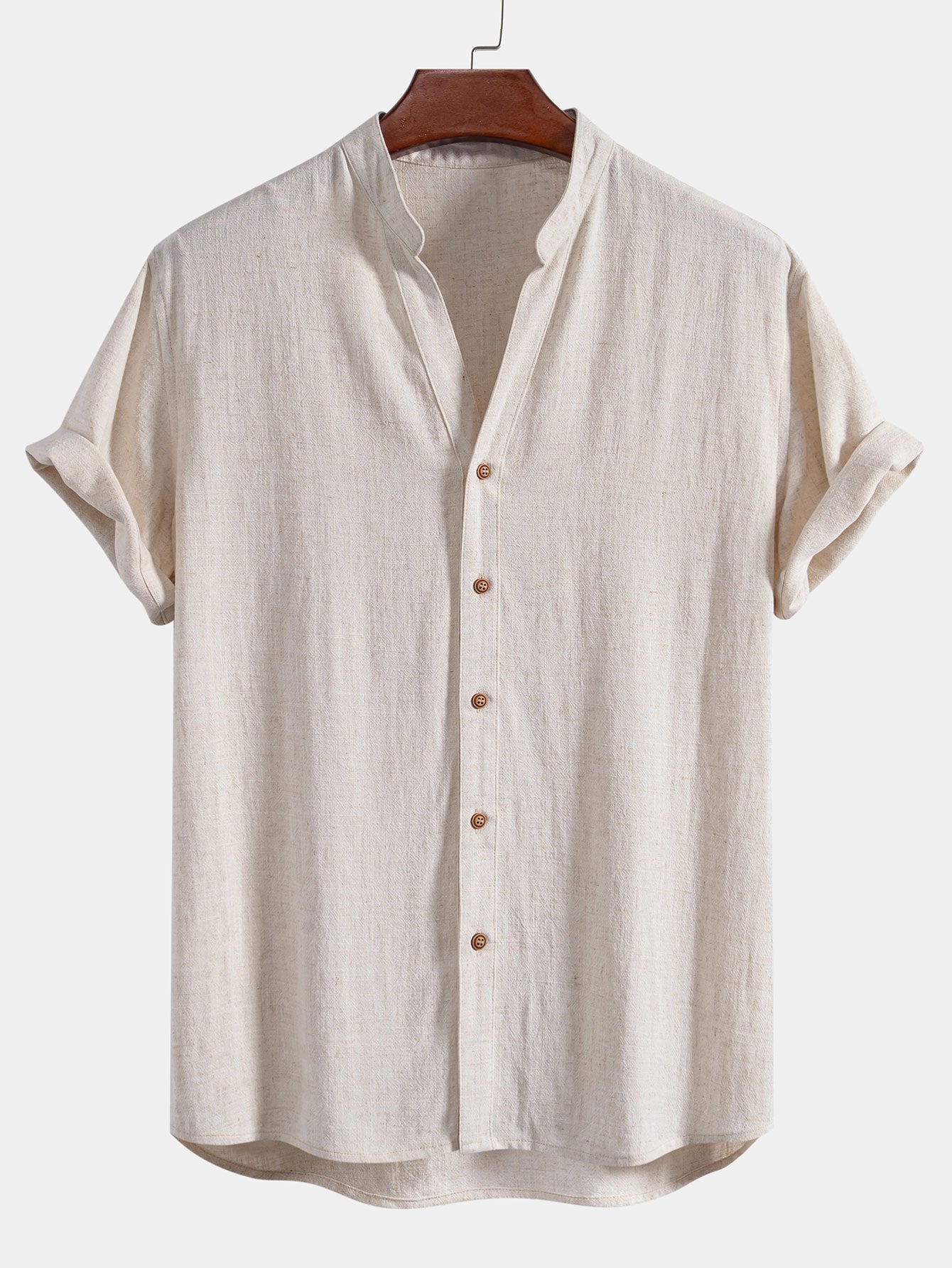 Short Sleeve V Neck Linen Rayon Blend Shirt & Crinkle Textured Drawstring 5" Shorts